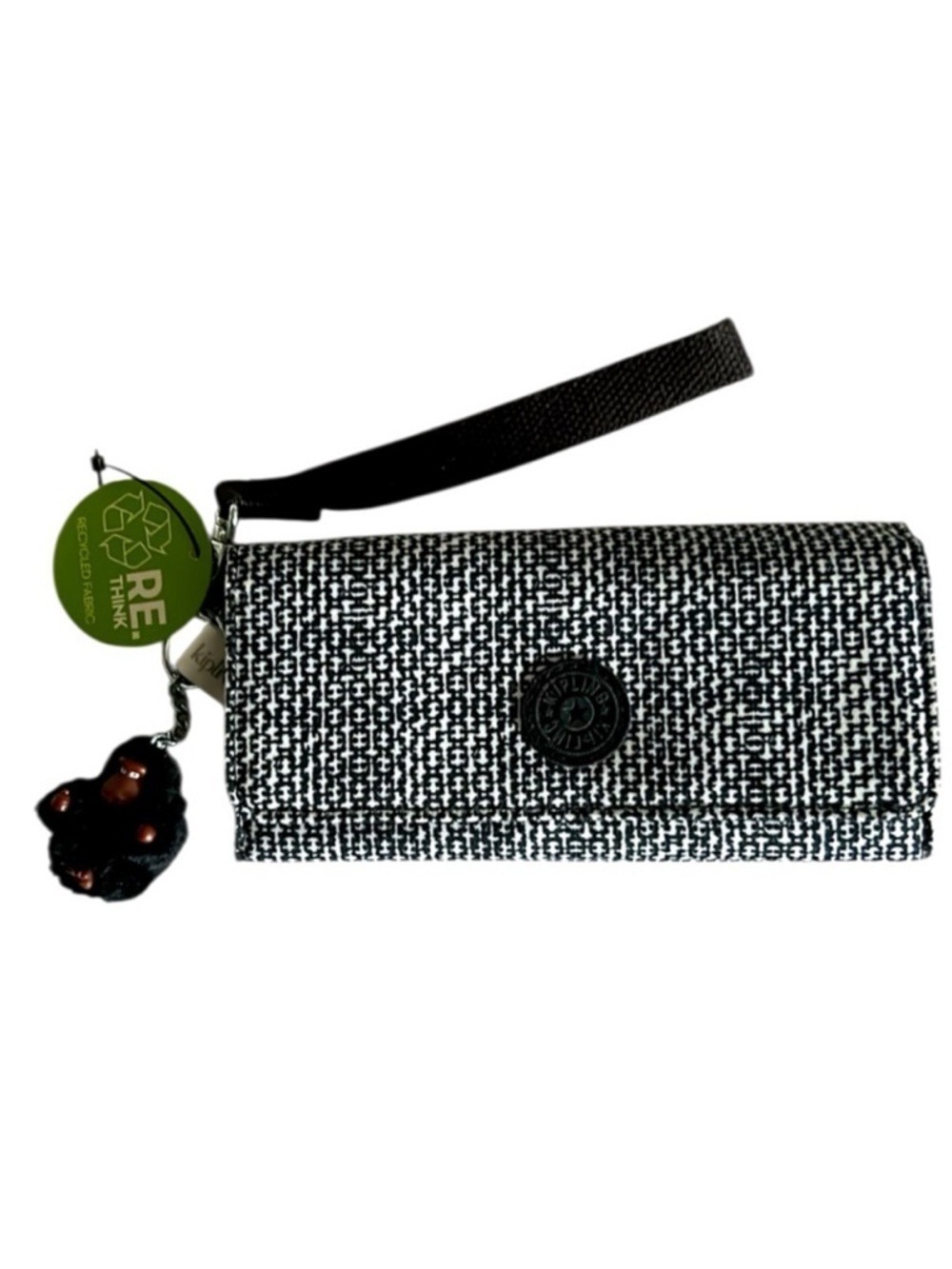 Kipling Rubi Organizer Wallet Wristlet Black and White with Monkey Keychainq